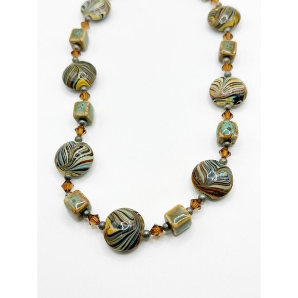 Swirled Ceramic Beaded Necklace Flat Round & Square Beads Raku 18” - Picture 2 of 3